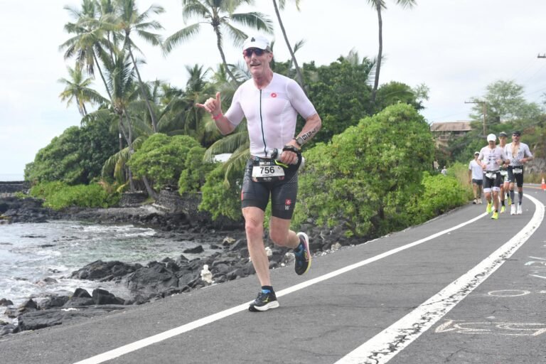 Ken Downer, author of Self-Coached to Kona, on the run course at the Ironman World Championships in Kona, Hawaii, in 2024
