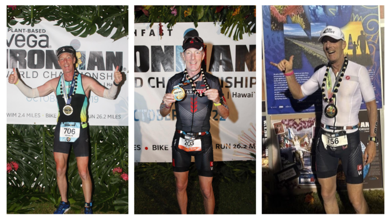 Ken Downer, author of Self-Coached to Kona, at the Kona finish line in 2019, 2022, and 2024